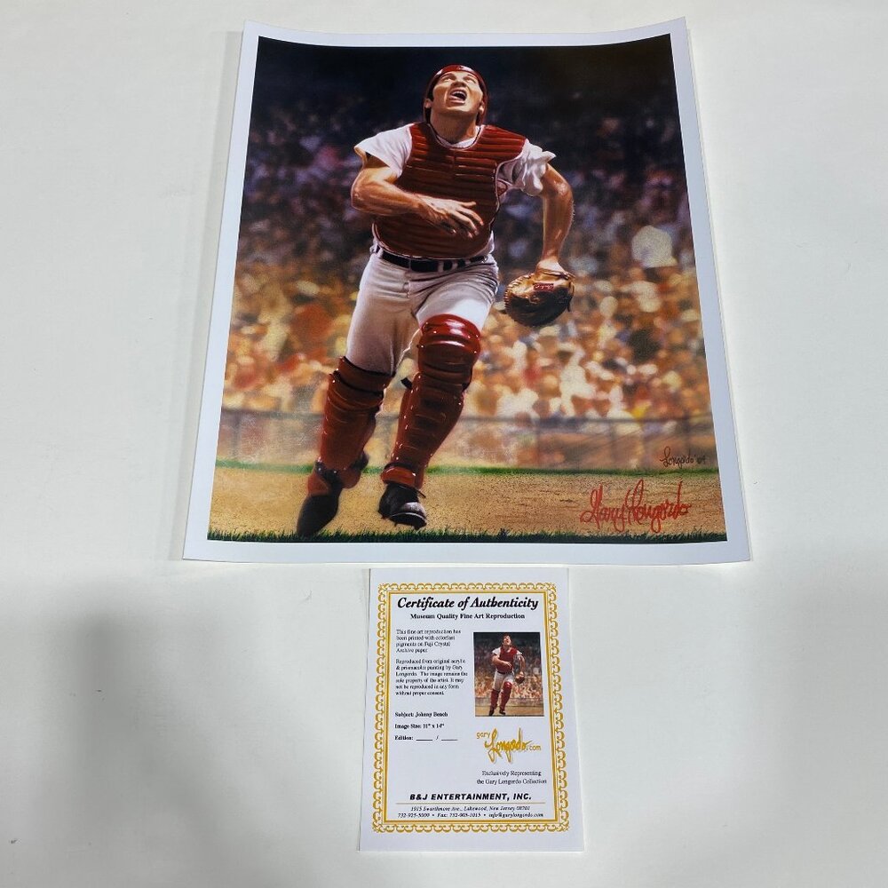 Signed Authenticated Gary Longordo Art Featuring Reds Catcher Johnny Bench